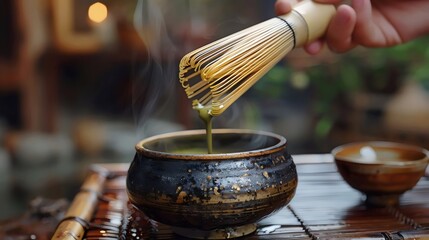 Wall Mural - A person is stirring a green tea in a black bowl