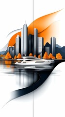 Wall Mural - eco cityscape eco friendly concept, a stylized cityscape featuring skyscrapers, a yacht, and vibrant