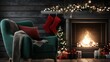 © Igor - A green chair sits in front of a fireplace with a Christmas tree and stockings hanging on its sides