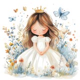 Children's watercolor poster featuring a cute, gentle princess surrounded by flowers. Perfect for a child's room or nursery decor