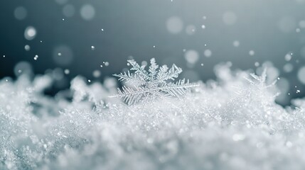 Wall Mural -   A close-up of a snowflake surrounded by snowflakes in the foreground, while the background is blurred with more snowflakes