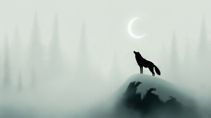    Lone wolf on hilltop with half moon above and trees in background