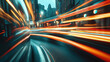 © altitudevisual - Long exposure photograph capturing vibrant light trails on a city street at night, showcasing urban traffic movement and dynamic energy with blurred background buildings and street lights.