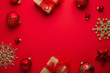 Wall Mural - merry christmas and happy holidays greeting card, frame, banner. new year. noel. red christmas ornam