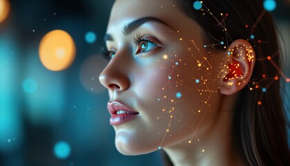 Poster - Close-up female face profile. AI tech overlay shows face data network. Modern tech deepfake face manipulation. Woman looks thoughtful. Deepfake impact tech. 21st century entertainment. Future