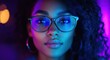 © Art_You - A close-up portrait of a confident young woman in glasses with vibrant lighting enhancing her elegant features, combining beauty and modernity with a captivating gaze.