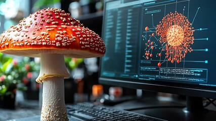 Wall Mural - bright red mushroom stands next to computer displaying data visualizations in a vibrant workspace