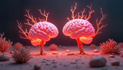 Aufkleber - Pink human brains stand like trees in desert. Burning branches sprout from brains. Creative image. Possibly shows creativity brain health. Suitable for psychology, neuroscience, abstract art themes.