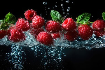 Fresh raspberries splashing into water on black background