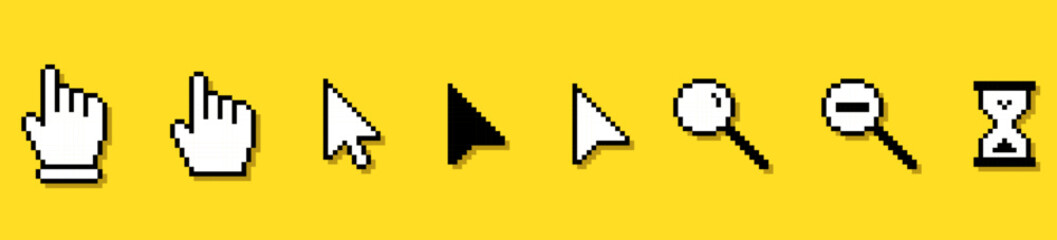 pixel art computer cursor and icons on yellow background.