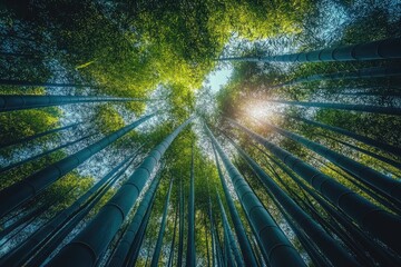 Poster - Sunlight shining through canopy of tall green bamboo trees