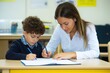 © Pete - Child, teacher work together at desk. Focused kid writes in notebook. Educator helps student. Classroom setting. School activity. Education. Learning process. Teacher guidance. Child development.