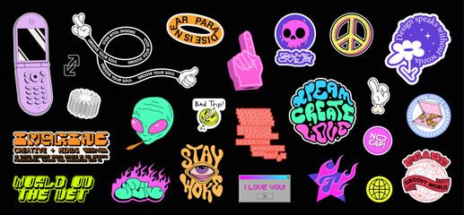 stylish stickers for graphic design, patches with a message. bright cartoon patches, acid stickers, 