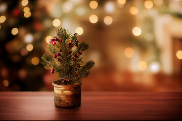 Wall Mural - wooden table and Christmas lights in background