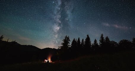 Wall Mural - a group of friends sitting by a fire under the starry night sky with milky way galaxy time lapse