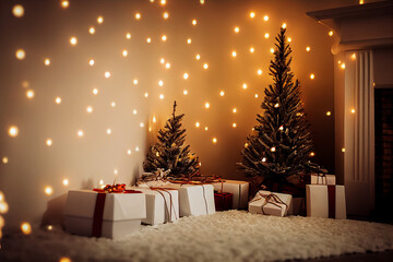 Wall Mural - white Christmas tree in hygge living room