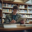 © Pete - High school student learns in library. Focused male student studies on tablet and takes notes. Library bookshelves fill background. Educational setting. Focused teen in study mode.
