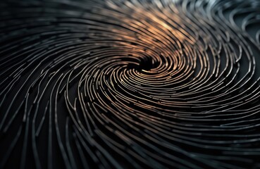 Poster - Abstract spiral pattern created with metallic lines on black background. Dark tones, light highlights add depth. Design evokes futuristic technology natural phenomena. Suitable for tech, sci-fi,
