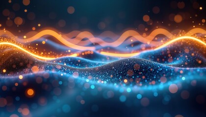 Poster - Abstract futuristic illustration shows glowing blue, gold neon waves. High speed light lines create dynamic pattern with bokeh effects. Fantastical data flow visualizes sound waves. Futuristic tech