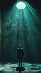 Wall Mural - Boss and Subordinates and Oppression. A man stands in a dimly lit space, illuminated by a circular beam of light from above, creating a dramatic and contemplative atmosphere.