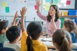 © Pete - Diverse kids raise hands in classroom. Female teacher listens attentively. Modern education concept. Students engage in learning activity. Education system in action.