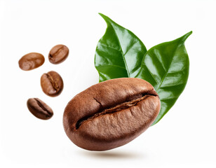 Wall Mural - coffee beans and green leaves on white background