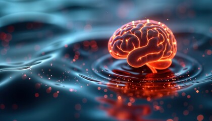 Poster - Illustration futuristic brain floating on liquid surface. Modern tech concept. Artificial intelligence, machine learning. Brain glowing with energy. Abstract neural network. Futuristic technology.