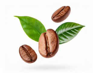 Wall Mural - coffee beans and green leaves on white background