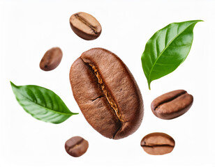 Wall Mural - coffee beans and green leaves on white background