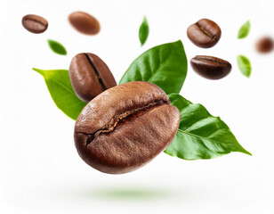 Wall Mural - coffee beans and green leaves on white background