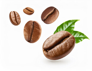 Wall Mural - coffee beans and green leaves on white background