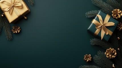 Canvas Print - Beautifully arranged Christmas gift with a golden ribbon, framed by pine branches on a serene dark green backdrop, ideal for holiday designs