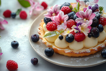 Sticker - A minimalistic dessert pastry topped with fresh berries and edible flowers on a light plate, surrounded by scattered fruits and petals