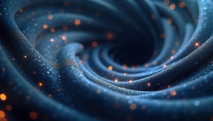 Fototapete - Abstract swirling dark blue fabric with glowing particles. Design suggests gravitational distortion cosmic energy. Fluid dynamic patterns create sense of movement, depth. Illustration evokes cosmic