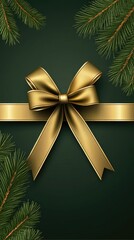 Canvas Print - Beautifully arranged Christmas gift with a golden ribbon, framed by pine branches on a serene dark green backdrop, ideal for holiday designs