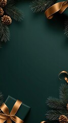 Canvas Print - Beautifully arranged Christmas gift with a golden ribbon, framed by pine branches on a serene dark green backdrop, ideal for holiday designs