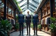 © miss irine - Three mannequins display elegant men suits in stylish store. Natural light streams into modern shop. Plants add touch of nature to sophisticated interior. Store refined design with wooden shelves,