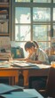© Hafiz - Anime student girl daydreaming in a classroom, sunlight pouring in, detailed books and supplies on desk