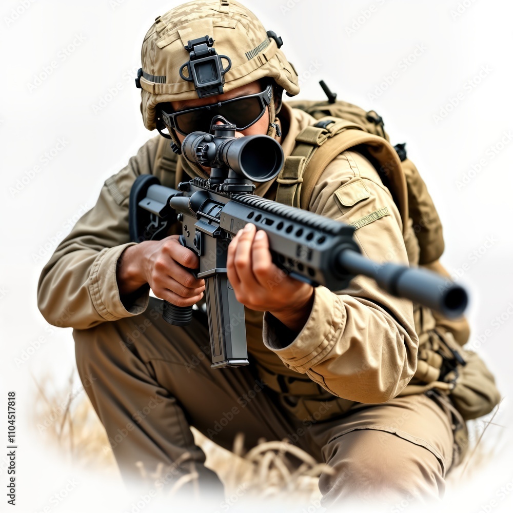 Military sniper in desert camo crouched, aiming precision rifle. Focus ...