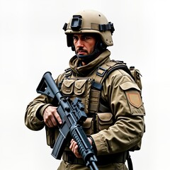 Wall Mural - Military soldier stands ready. Soldier wears protective uniform, tactical gear. Holds assault rifle. Serious expression. Pro military person on duty. Ready for action. Armed security. Protective