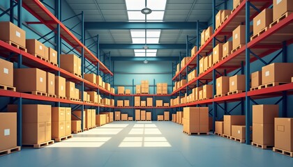 Poster - Warehouse interior shows many cardboard boxes on pallets, shelves. Sunlight streams into space. Large industrial space well-organized with many boxes. Metal shelves, pallets. Logistic facility.