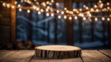 Wall Mural - Wood slice display platform mockup surface on rustic wood table with cabin window and gold bokeh lights background