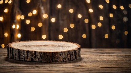 Wall Mural - Wood slice display platform mockup surface on rustic wood table with gold bokeh lights background