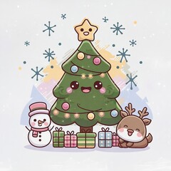 Wall Mural - Kawaii style illustration of a Christmas tree with a reindeer and a snowman