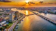 © udomsak - Aerial view of Lagos waterside buildings and roads during sunset, Lagos, Nigeria, cityscape, waterfront, buildings, sunset