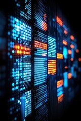 Wall Mural - abstract digital data stream visualization with glowing blue and orange lines and squares.