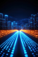Wall Mural - futuristic city highway at night with glowing digital lines.