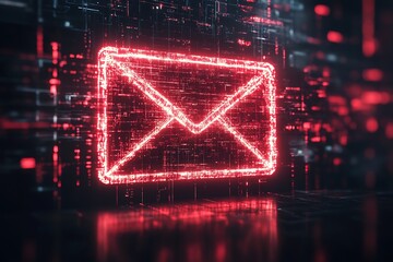 Poster - Glowing Red Neon Email Icon on Black Tech Wall Background : Generative AI