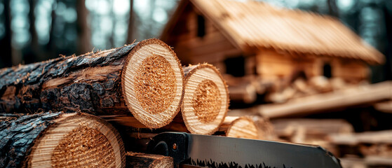 Wall Mural - Wooden house builder with rural construction concept. A close-up of cut logs in the foreground with a rustic wooden cabin in the background, set in a forested area.