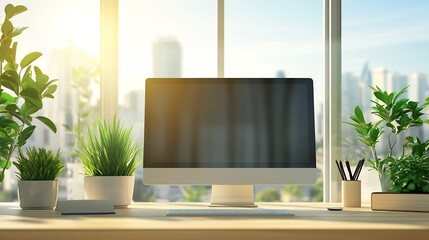 Poster - Modern Desk with Desktop Computer and Indoor Plants Overlooking Urban Skyline at Sunset : Generative AI